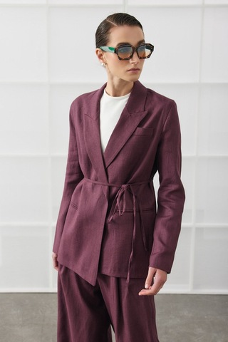 Molene Mürdüm Biye Kemerli Keten Blazer