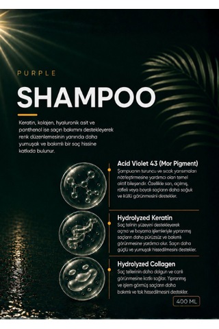 Turunculaşma Karşıtı Mor Şampuan Acid Violet 43 - Hidrolize Keratin - Hidrolize Kolajen - 400 Ml Boyalı