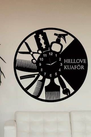 Isme Özel Kuaför Berber Saati Ahşap Duvar Saati 50X50 Cm Kuaför Siyah