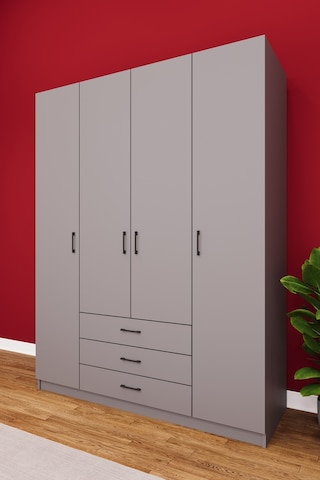 Asra Trend 4 Kapaklı Gardırop G-02 %100 MDF 3 Çekmeceli Fonksiyonel Elbise Dolabı Kül Gri