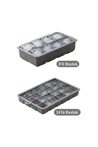 2 Adet Silikon Küp Buzluk Seti, 8 Bölmeli Buz Kalıbı 5cm Küp + 24 Lü Buz Kalıbı 2,5cm Küp Seti Gri