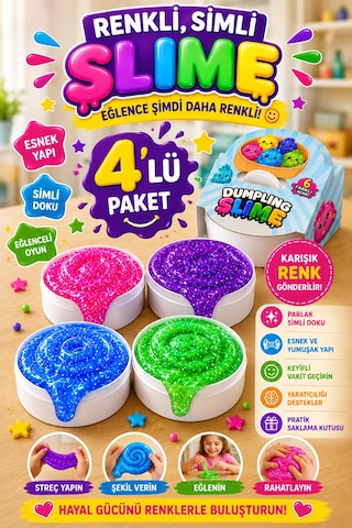 4'lü Slime Oyun Jeli Simli Streç Hamur Eğitici Duyusal Oyun Motor Beceri Geliştiren Oyuncak Renkli