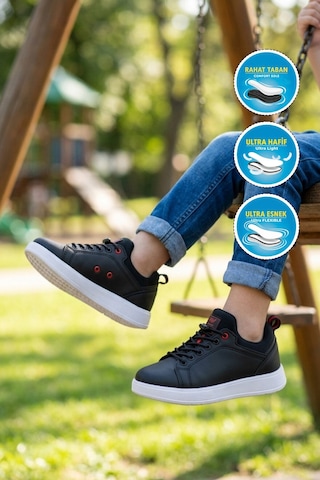 Walkway Siyah-kırmızı Lastik Bağcıklı Comfort Rahat Tabanlı Erkek Çocuk Sneaker Balase F Siyah - Kırmızı
