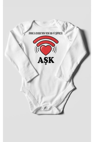 Anne Babanın Yeni Wifi Şifresi Aşk Baskılı Bebek Zıbını Çıtçıtlı Body 8 Renk %100 Pamuk Uzun Kol Beyaz
