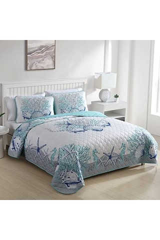 Caribbean Joe Coastal 3 Parça Yorgan Seti, King, Beach Delight Aqua 7/8 Yaş