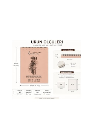 A3 Eskiz Defteri, 90 G/m² İnce Grenli Kağıt, 40 Yaprak Spiralli Sketchbook, Kurşun Kalem, Kömür Ve Pastel Çizimler İçin Uygun, Kolay Silinebilir, Perforeli Sayfalar, Profesyonel Ve Öğrenci Kullanımı İ