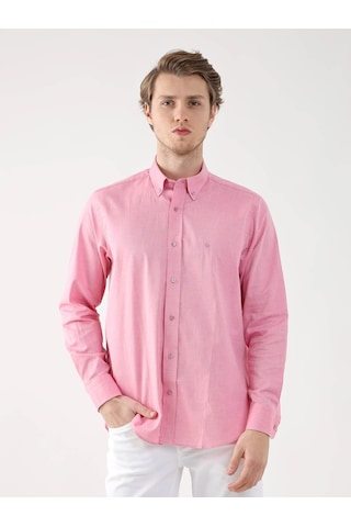 Dufy Pembe Erkek Regular Fit Brent Düğmeli Yaka Uzun Kol Gömlek - 94867 Pembe
