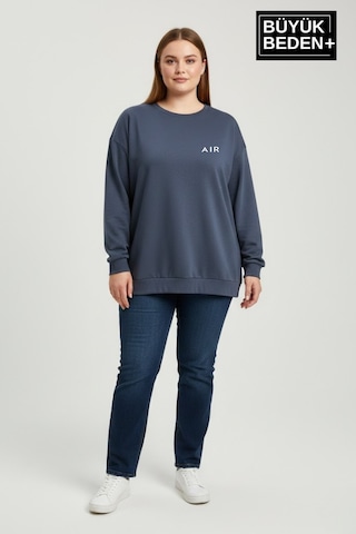 Süperlife Kadın Büyük Beden Ar Baskılı Yaka Kollar Etek Ribana Bisilet Yaka İnce Sweatshirt Spr26bswk956-1 Mavi