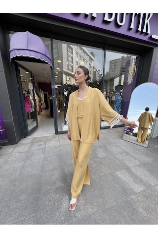Kol Detaylı Salaş Keten Kimono Safran Sarısı-101 Bej