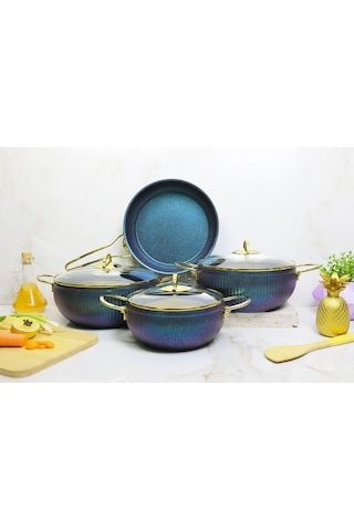 Evita 7 Parça Granit Cam Kapaklı Küre Güveç Tencere Seti Yeşil