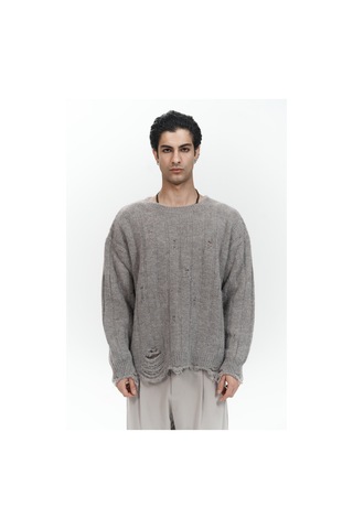 Vincent Yırtık Detay Boz Kahve Erkek Triko Kazak Kahverengi Melanj