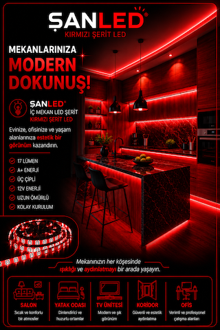 3 Çipli Şerit Led Kırmızı Renk 12v 40 Metre