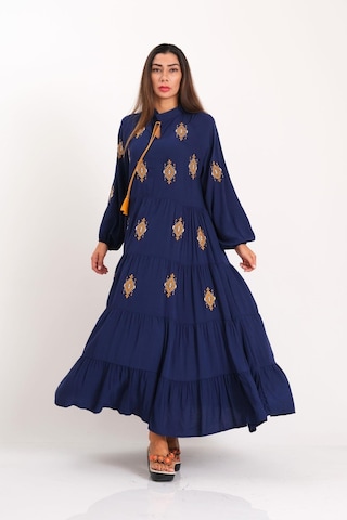 Kadın Lacivert Önü Ve Kolları Otantik Nakışlı Eteği Kat Kat Uzun Elbise-lacivert