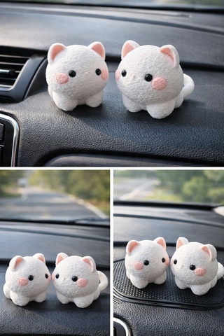 Pembe Yanaklı Kedi Araç İçi Torpido Süsü 2 Li Set Sevimli Pattern Desenli Oto Kedi Araba Aksesuarı