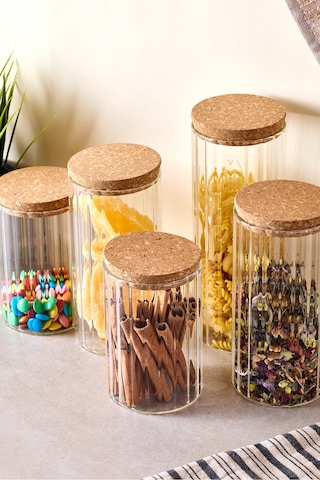 Cork Line 5'li Borosilikat Cam Kavanoz Seti Mantar Kapaklı 600-800-1000 Ml Seffaf Şeffaf