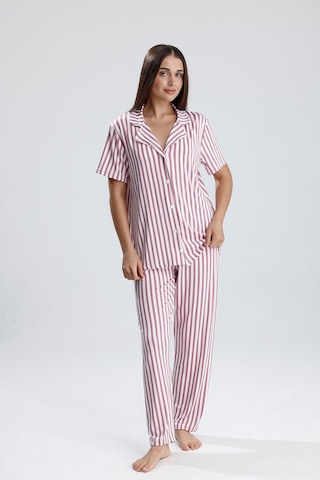Kompedan Kadın Çizgili Önden Düğmeli Pijama Takım Mor Çzg Mor
