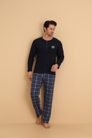 Flkn 7015 İnterlok Kışlık Ekose Pijamalı Erkek Pijama Takımı Lacivert
