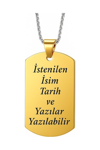 Kişiye Özel İsim Tarih Yazı Yazılı Asker Künyesi Çelik Erkek Bayan Kolye Eck60 Sarı