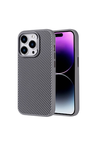 Ardemix Apple Uyumlu iPhone 15 Pro Max Kılıf Magsafe Şarj Özellikli Karbon Fiber Görünümlü Troy K Gümüş