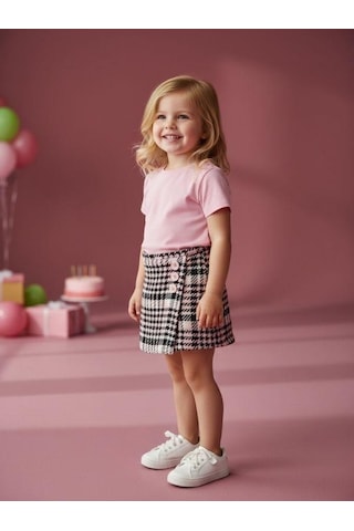 Zekids Kız Bebek Kazayağı Desenli Şort Etek-16541 Pembe