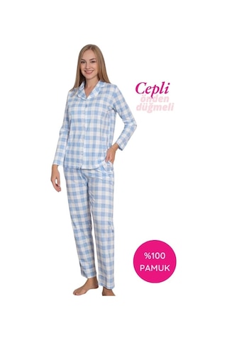 Alimer Kadın Ekose Desen Gömlek Yaka Önden Düğmeli %100 Pamuk Penye Mevsimlik Uzun Kol Cepli Pijama Takımı Mavi