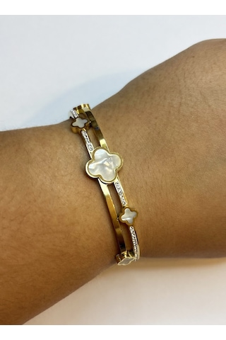 Kadın Beyaz Yonca Ve Taş Model Çelik Bilezik Gold