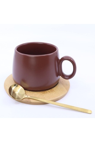 Bambu Tabaklı Seramik Kupa -kahverengi