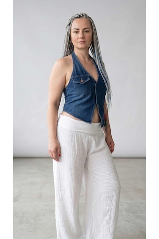 Byemelika Sırt Dekolteli, Boyundan Geçirmeli, Denim Yazlık Yelek Mavi
