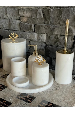Beyaz Mermer Gold Mercan Aksesuarlı 7'li Banyo Seti Beyaz