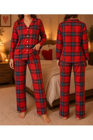 Pijama Denizi Pijama Partisi Kırmızı Ekose Desenli Düğmeli Polar Pijama Takımı Yılbaşı Konseptli Yumuşacık Ev Şıklığı