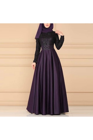 Sones Dantel Dikiş Retro Büyük Salıncak Elbise Etnik Stil Uzun Kollu İnce Elbise Mor