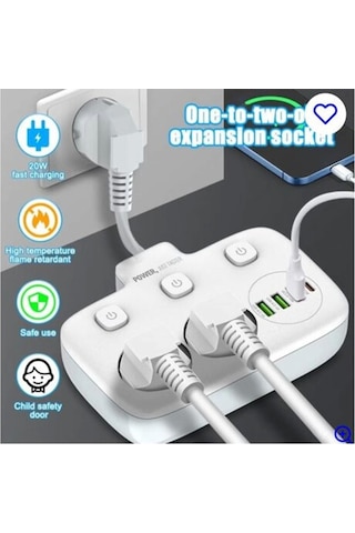 Akım Korumalı 2 Li Ayrı Anahtarlı Priz, 2x Priz, 3x Usb, 1x Type-c, 2 Mt Kablo, Hızlı Şarj 1