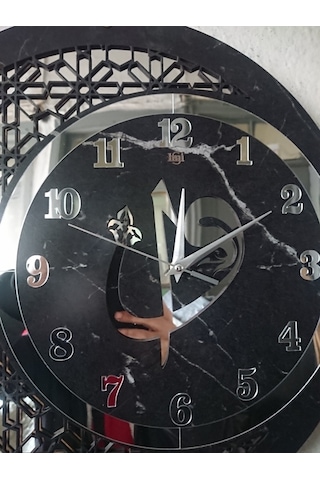 Duvar Saati 50 Cm Ahşap Ayna Elif Vav Motifli Gümüş - Siyah