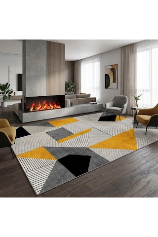 Hardal Gri Geometrik Üçgen Desenli Modern Dijital Baskılı Kaymaz Tabanlı Yıkanabilir Halı Hardal