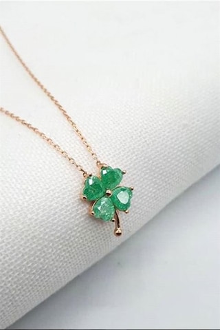 925 Ayar Yeşil Taşlı Yonca Kolye Gold