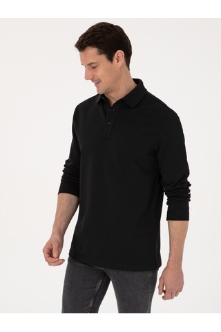 Siyah Regular Fit %100 Pamuk 3 İplik Polo Yaka Sweatshirt