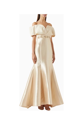 Ac By Aanchal Chanda Embellished Off - Shoulder Omuz Açık Saten Balık Form Kadın Elbise Bej