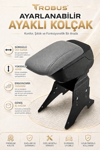 Trobus Fiat Albea 2002-2012 Uyumlu Gri Ayaklı Sürgülü Kolçak Ayarlanabilir Yükseklikli
