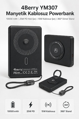 Ym307 10000 Mah Manyetik Kablosuz Powerbank 25w Pd Hızlı Şarj, 15w Kablosuz Şarj Ve 360 Döner Stand Siyah