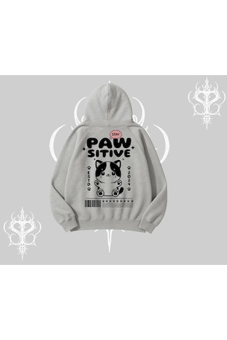 Paw Sitive Kedi Arka Baskılı Kapşonlu Sweatshirt