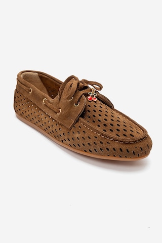Luvishoes Stevo Taba Süet Hakiki Deri Delikli Bağcıklı Kadın Loafer Ayakkabı