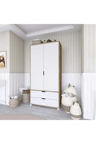 90 Cm Açık Ceviz-beyaz 2 Kapılı 2 Çekmeceli Elbise Dolabı - Gardırop Açık Ceviz & Beyaz