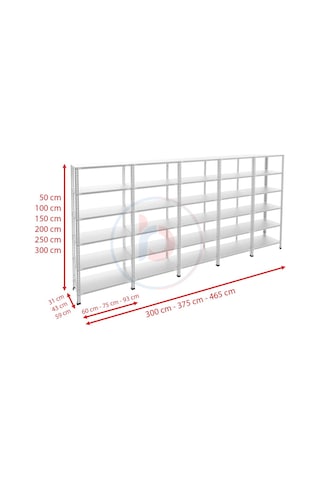 Raf Burada 6 Katlı 5'li Galvaniz Çelik Raf - Depo, Arşiv, Kiler, Dosya, Market Rafı-59x93 cm-150 cm-1.00 mm