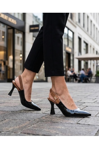 Nesilshoes Nesil Shoes Gabbel 205 Siyah Rugan Topuklu Kadın Sandalet