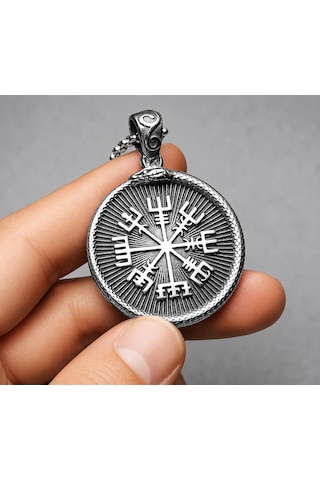 Paslanmaz Çelik Antik Gümüş Renk Çift Taraflı Viking Mitolojisi Vegvisir Valknut Viking Kolye Antrasit