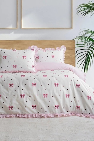 Çift Kişilik Nevresim Seti %100 Pamuklu Kalp Fiyonklu Fırfırlı Pembe