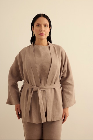 Aker Seyyar Kuşaklı Keten Kimono Vizon Vizon