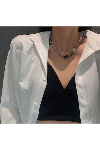 Girift Vintage Cascade 2'li Kare Vintage Kolye Gümüş