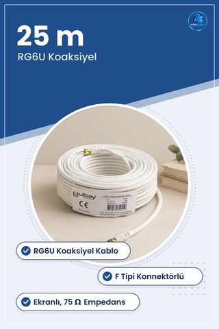 Uydu Anten Kablosu 25 M Rg6u Ω Koaksiyel F Tipi Konnektörlü Ekran