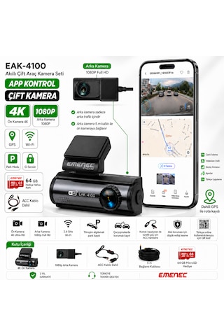 Emenec Eak-4100 4k Ultra Hd Akıllı Çift Araç İçi Kameras Seti - Türkçe Menü Ve Uygulama, Gps, Wi-fi, Park Modu + 64gb Kart